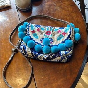 Paper Source Blue Embroidered Pom-Pon Embroidered Bag